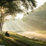 Paisagem serena com luz do sol filtrando pelas árvores, simbolizando paz e reflexão, representando um momento de oração e meditação.