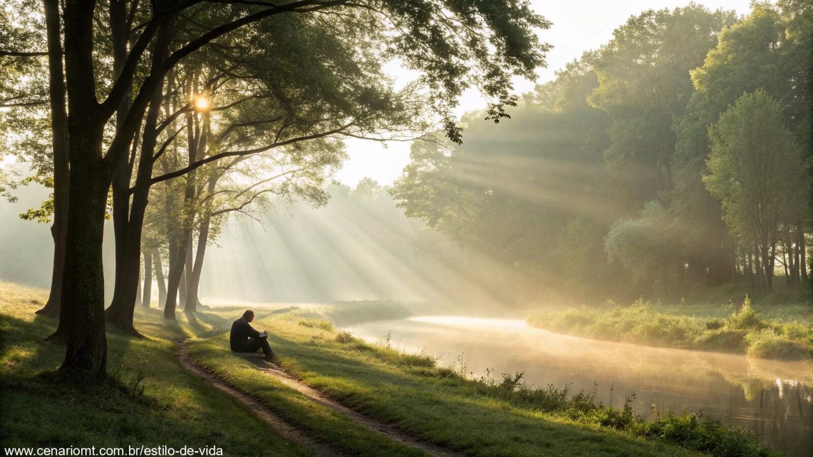 Paisagem serena com luz do sol filtrando pelas árvores, simbolizando paz e reflexão, representando um momento de oração e meditação.