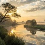 Paisagem serena ao amanhecer com luz dourada suave filtrando através de árvores antigas, um rio tranquilo refletindo o céu