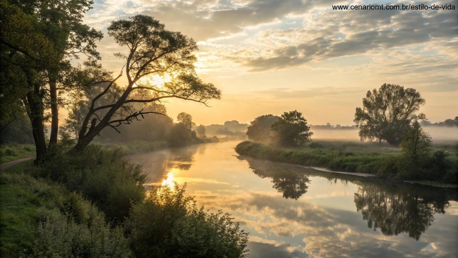 Paisagem serena ao amanhecer com luz dourada suave filtrando através de árvores antigas, um rio tranquilo refletindo o céu
