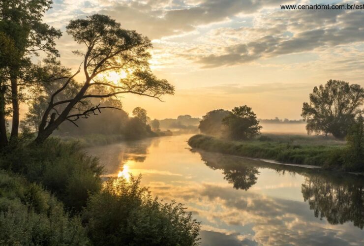 Paisagem serena ao amanhecer com luz dourada suave filtrando através de árvores antigas, um rio tranquilo refletindo o céu
