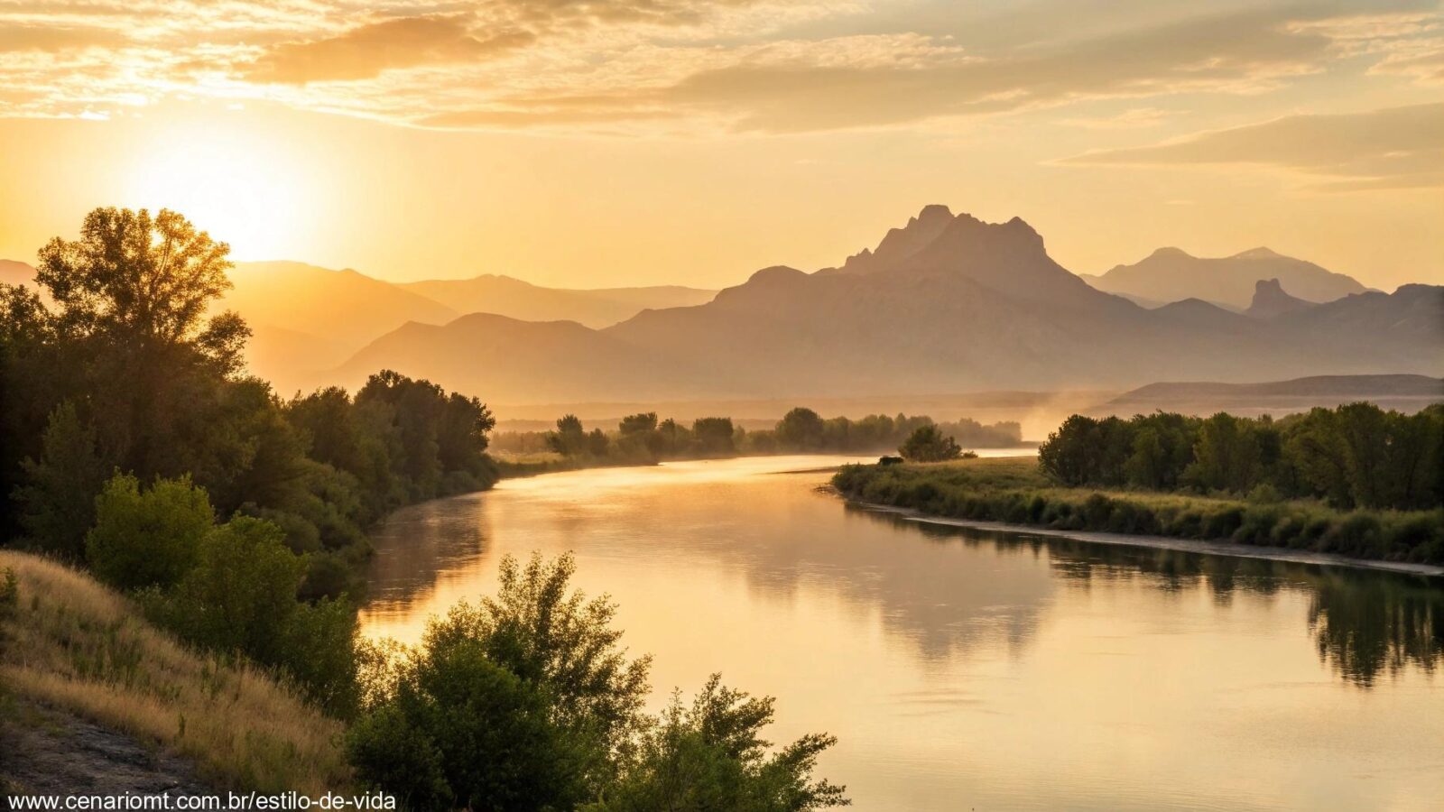 Paisagem tranquila ao amanhecer, com luz dourada suave iluminando um rio calmo e montanhas ao fundo, simbolizando reflexão e paz espiritual.