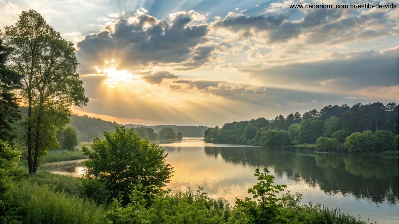 Paisagem serena ao amanhecer, com luz suave do sol rompendo as nuvens sobre um lago tranquilo rodeado por árvores verdes, simbolizando esperança e refúgio