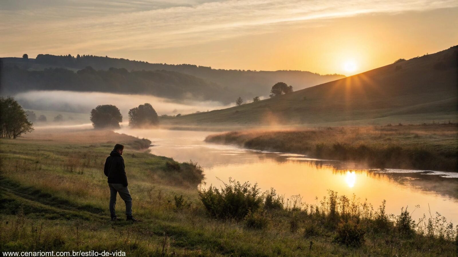 Cenário sereno ao amanhecer com pessoa em oração refletindo o Salmo do dia
