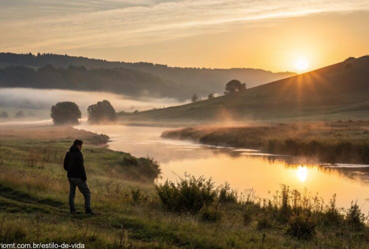 Cenário sereno ao amanhecer com pessoa em oração refletindo o Salmo do dia