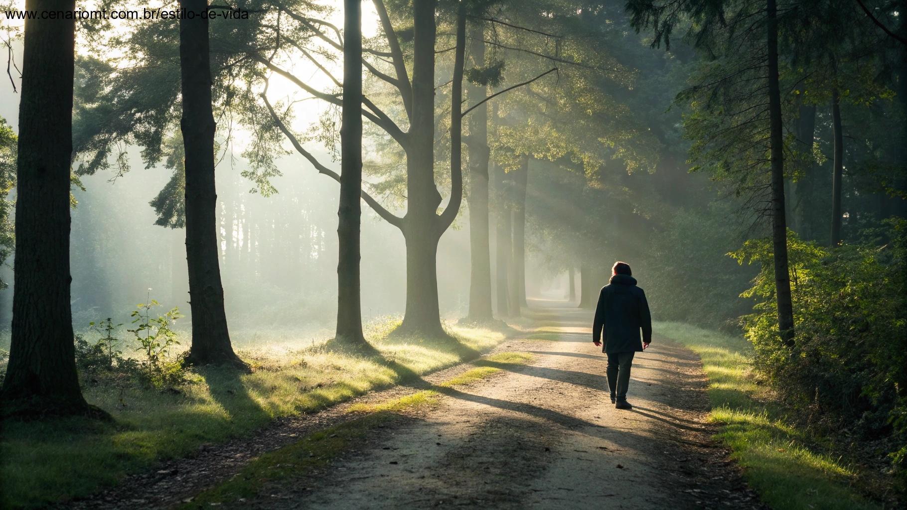 Pessoa caminhando sozinha na floresta ao amanhecer em busca de força e direção