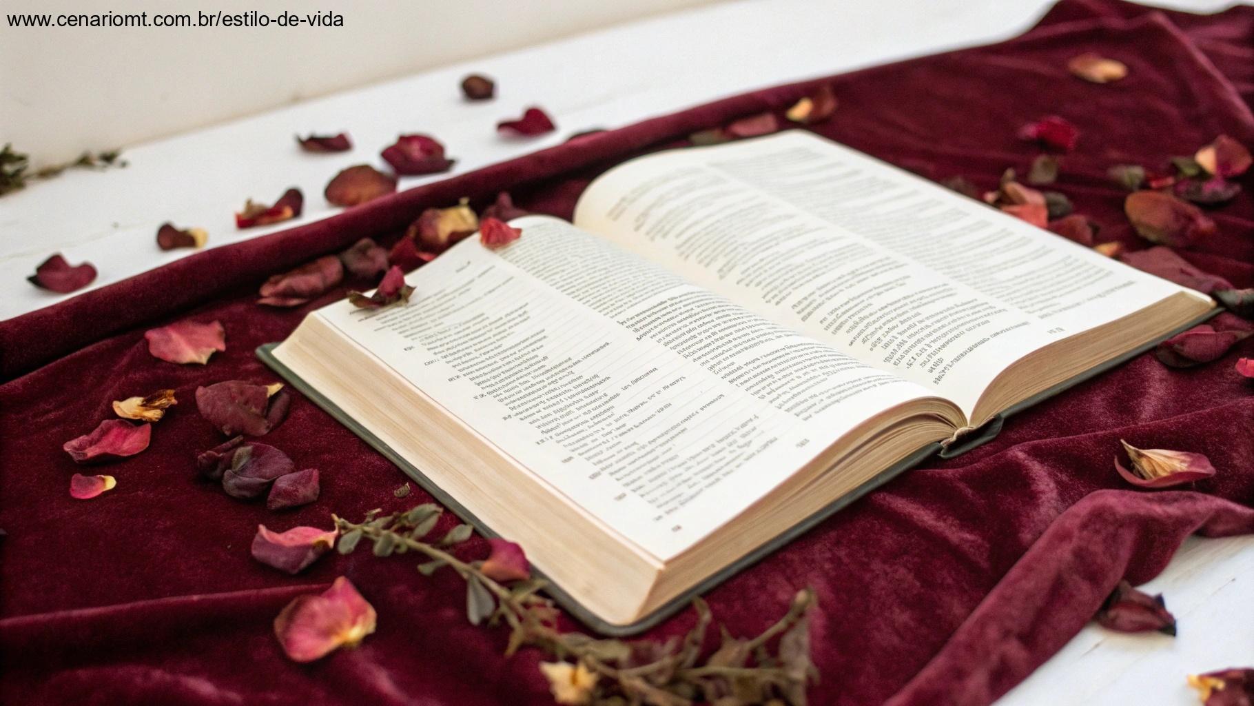 Livro de salmos em hebraico sobre tecido de veludo com pétalas de rosa secas