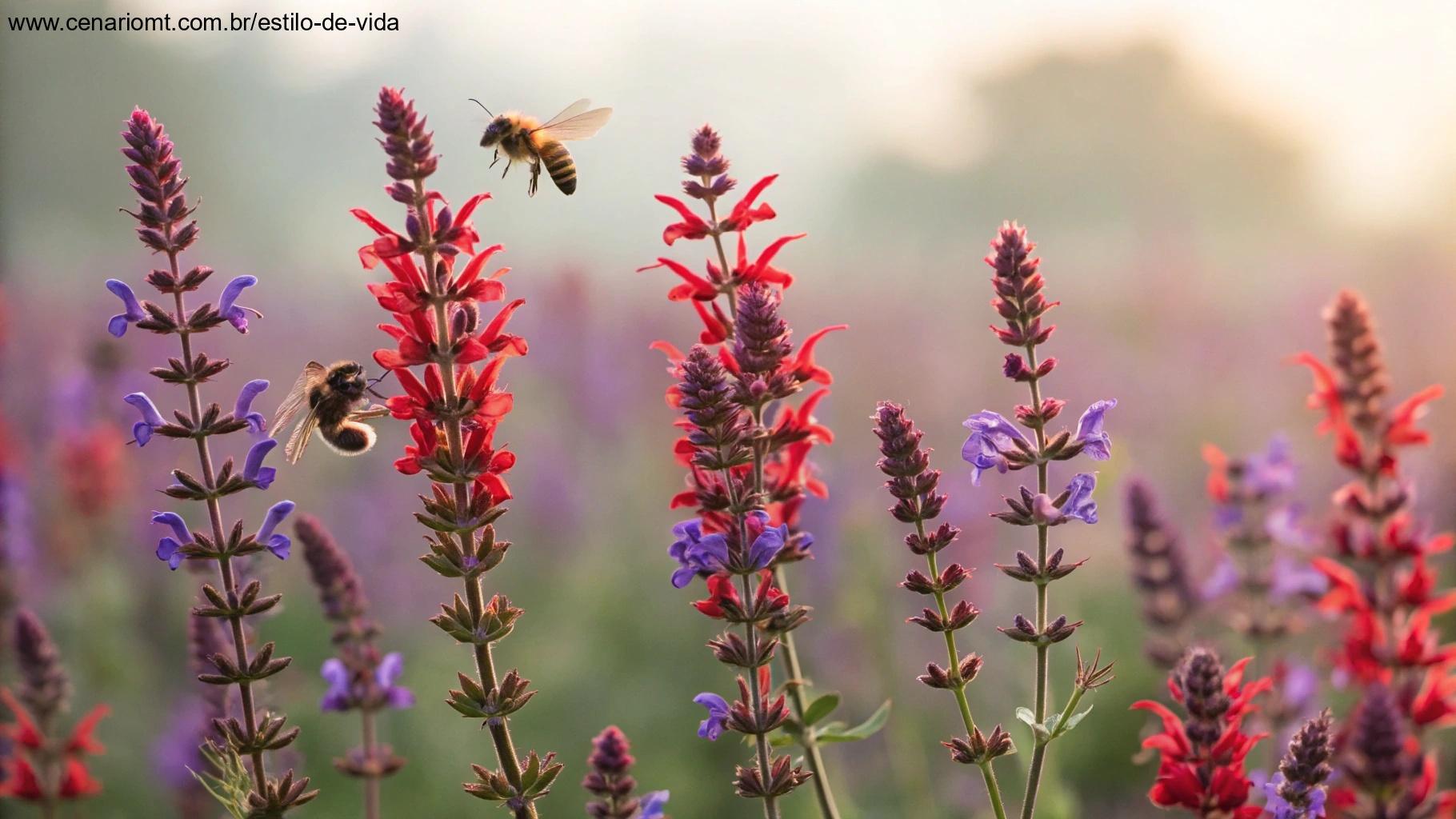 Flores de salvia com abelhas voando ao redor