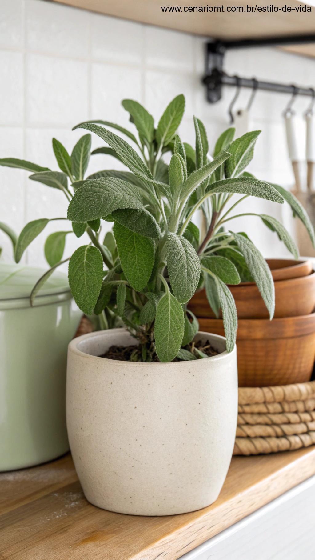 Sálvia fresca cultivada em vaso de cerâmica