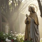 Representação artística de um santo medieval em um jardim tranquilo