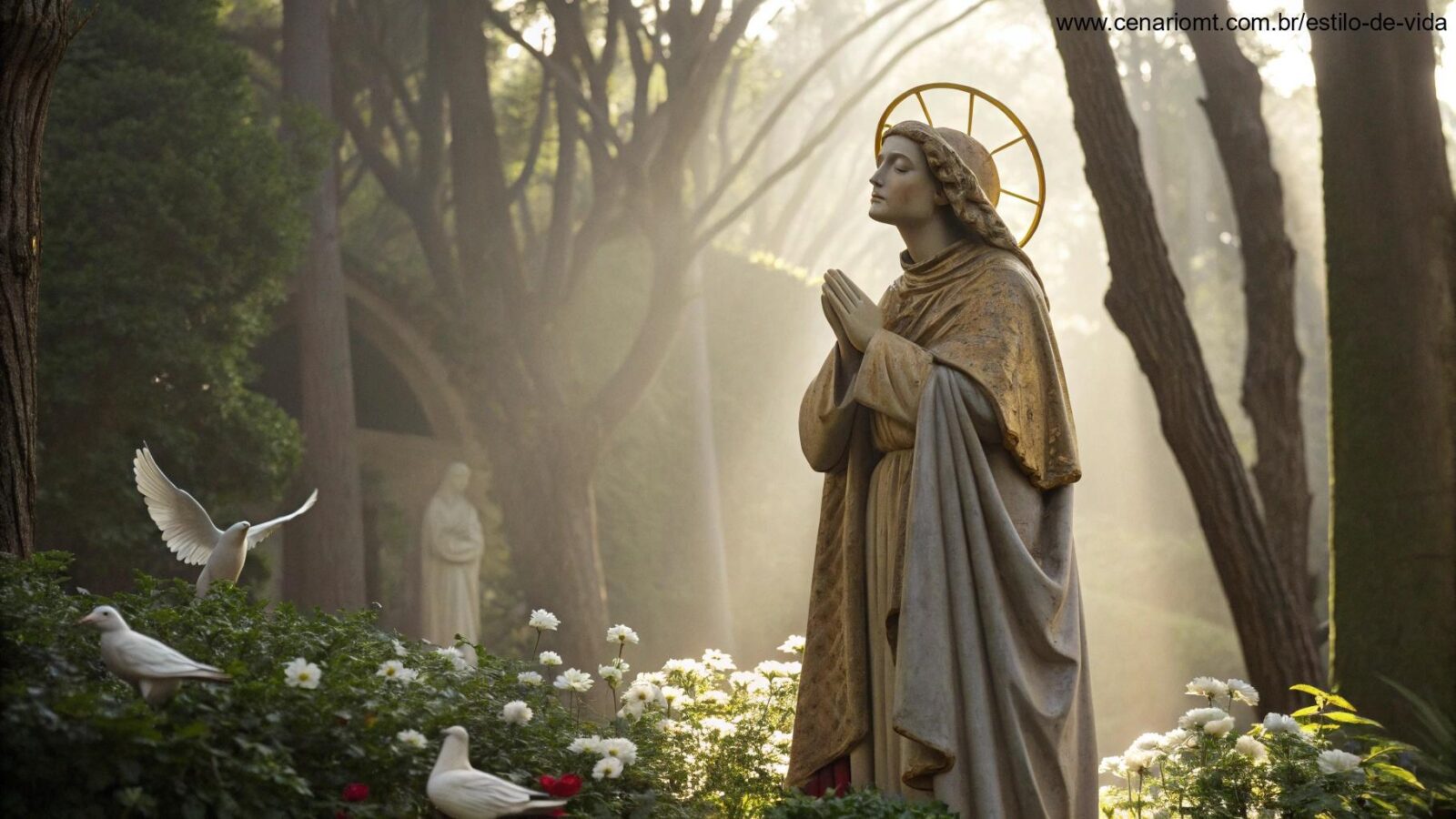 Representação artística de um santo medieval em um jardim tranquilo