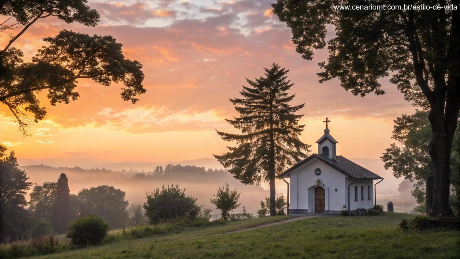 Cena religiosa inspiradora ao nascer do sol, com luz dourada suave e uma capela simples