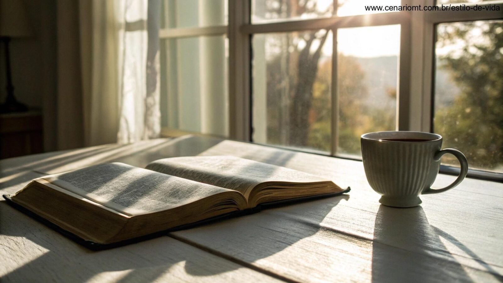Imagem de uma manhã tranquila e pacífica, com luz suave filtrando pela janela, criando sombras suaves sobre uma mesa com uma Bíblia aberta e uma xícara de chá ao lado.
