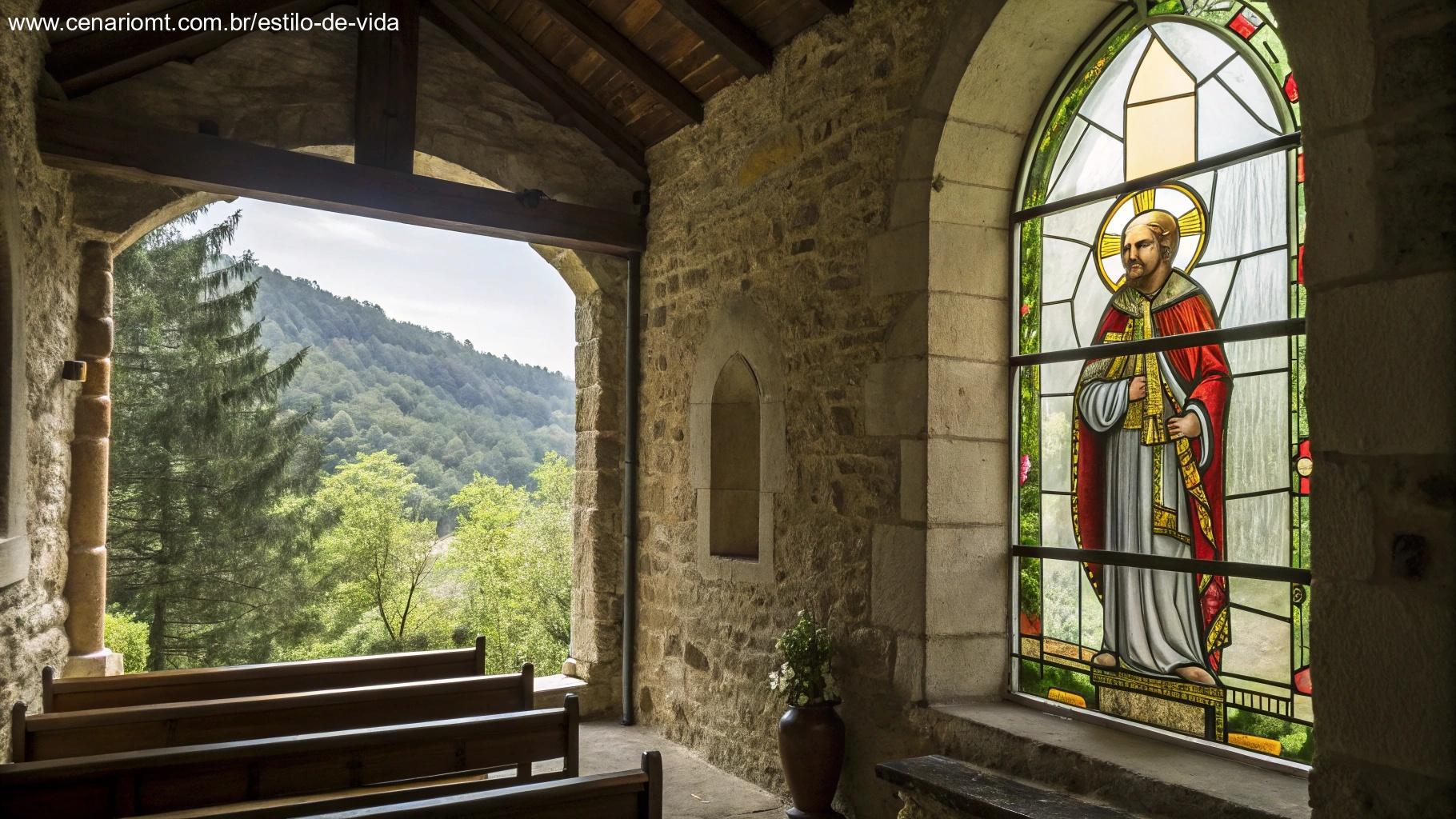 Imagem de uma igreja medieval com um santo representado em uma janela de vitral, destacando sua humildade e devoção.