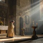 Representação artística de São Leão IX em oração em uma igreja medieval