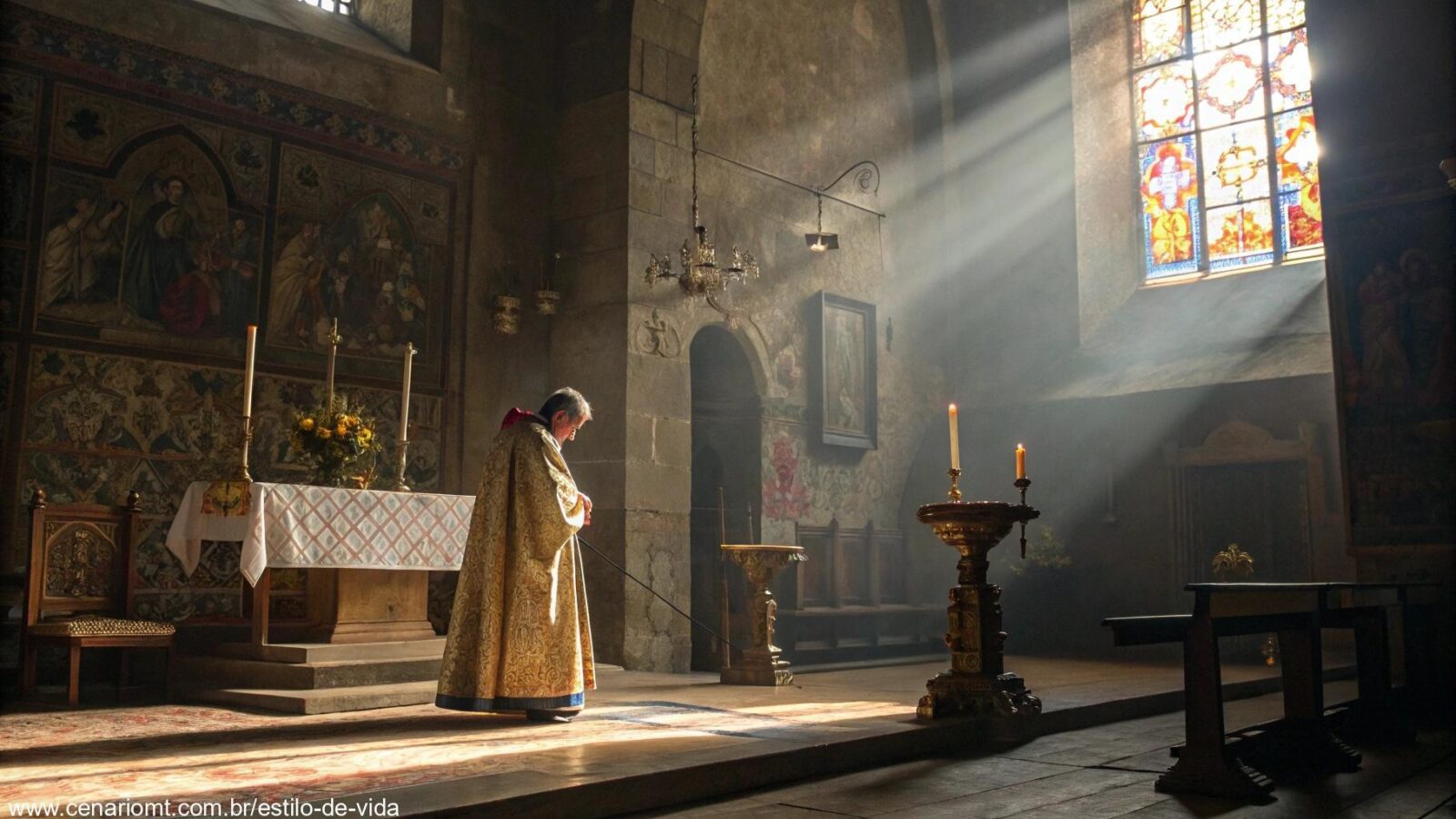 Representação artística de São Leão IX em oração em uma igreja medieval