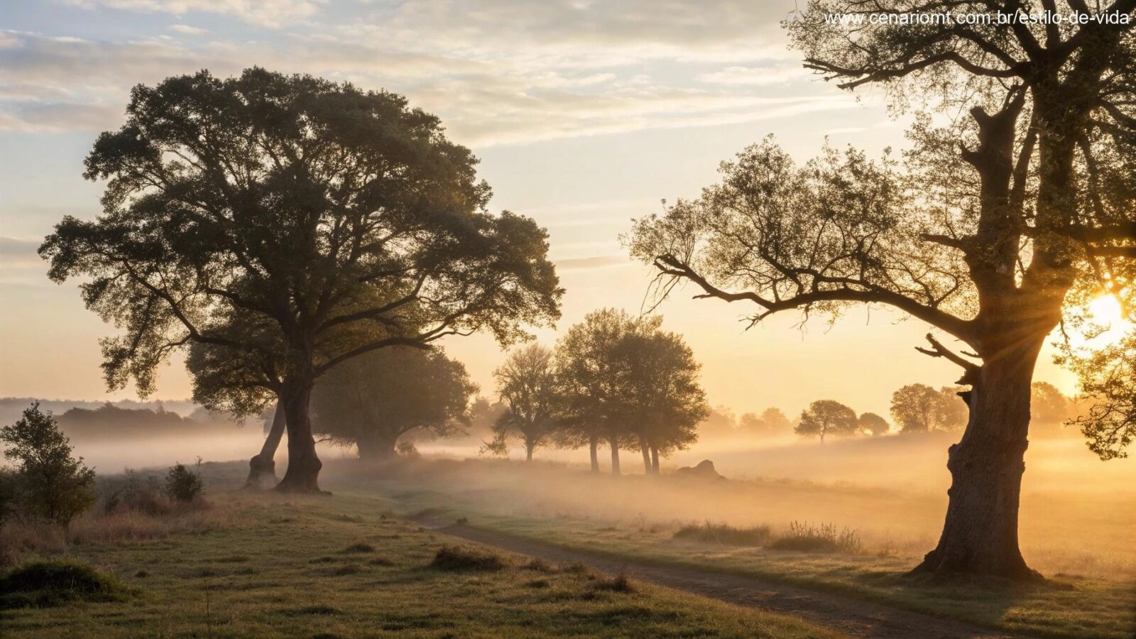 Paisagem serena ao amanhecer com luz dourada suave filtrando por árvores antigas