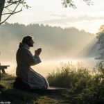 Imagem de um santo em oração representando fé e entrega a Deus