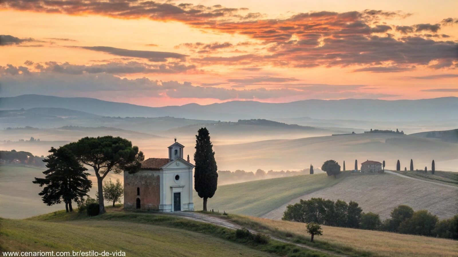Imagem de um amanhecer tranquilo no campo com uma capela ao fundo representando fé, perseverança e reflexão diária