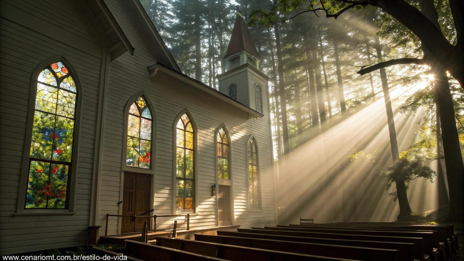 Imagem tranquila de uma igreja serena com luz solar passando pelas janelas de vitrais, simbolizando reflexão e fé.