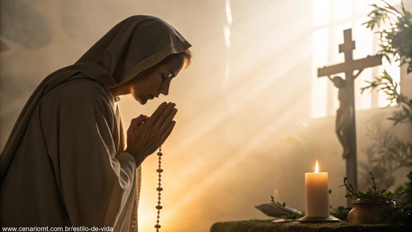 Imagem serena de um santo em oração, com luz dourada suave, símbolos de fé ao fundo, como um terço, vela e cruz.