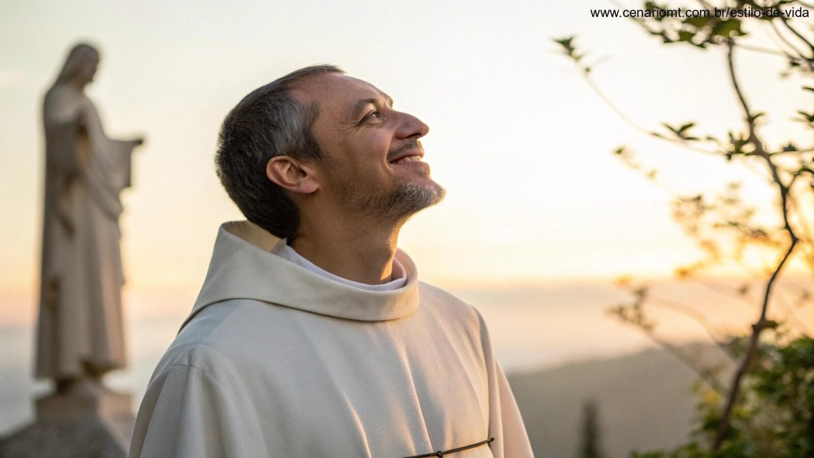 Imagem inspiradora de um santo com expressão serena e luz suave ao redor