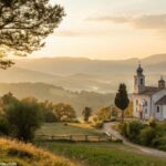 Imagem de uma paisagem serena com luz dourada suave, destacando uma igreja ou ícone religioso, rodeado pela natureza, simbolizando fé e devoção