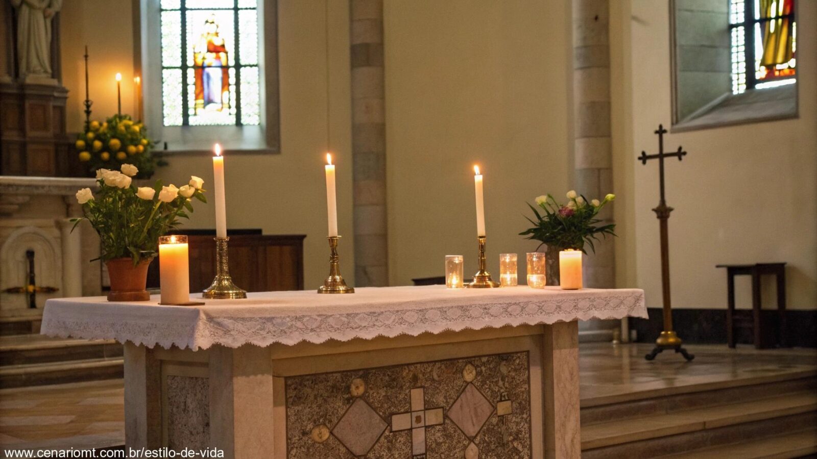 Cena serena de um altar de igreja com velas acesas, representando reflexão e fé para o Santo do Dia: Quinta-feira, 24 de Abril de 2025.