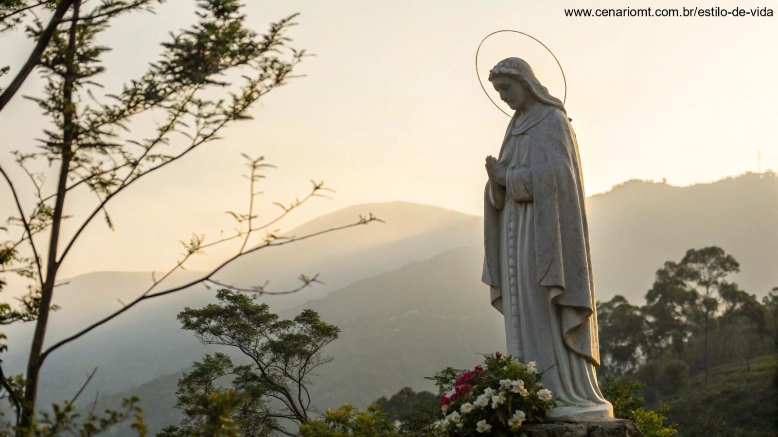 Imagem de um santo em um cenário sereno, irradiando paz e luz, simbolizando a fé e a devoção.