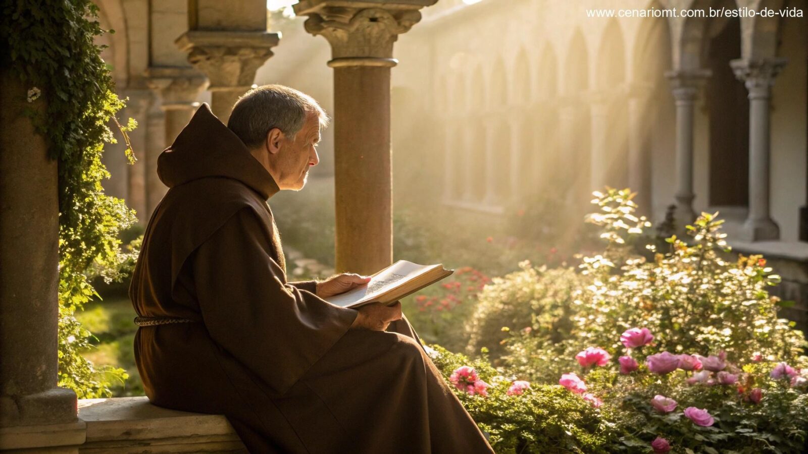 Monge medieval em reflexão tranquila em um jardim de claustro iluminado pelo sol