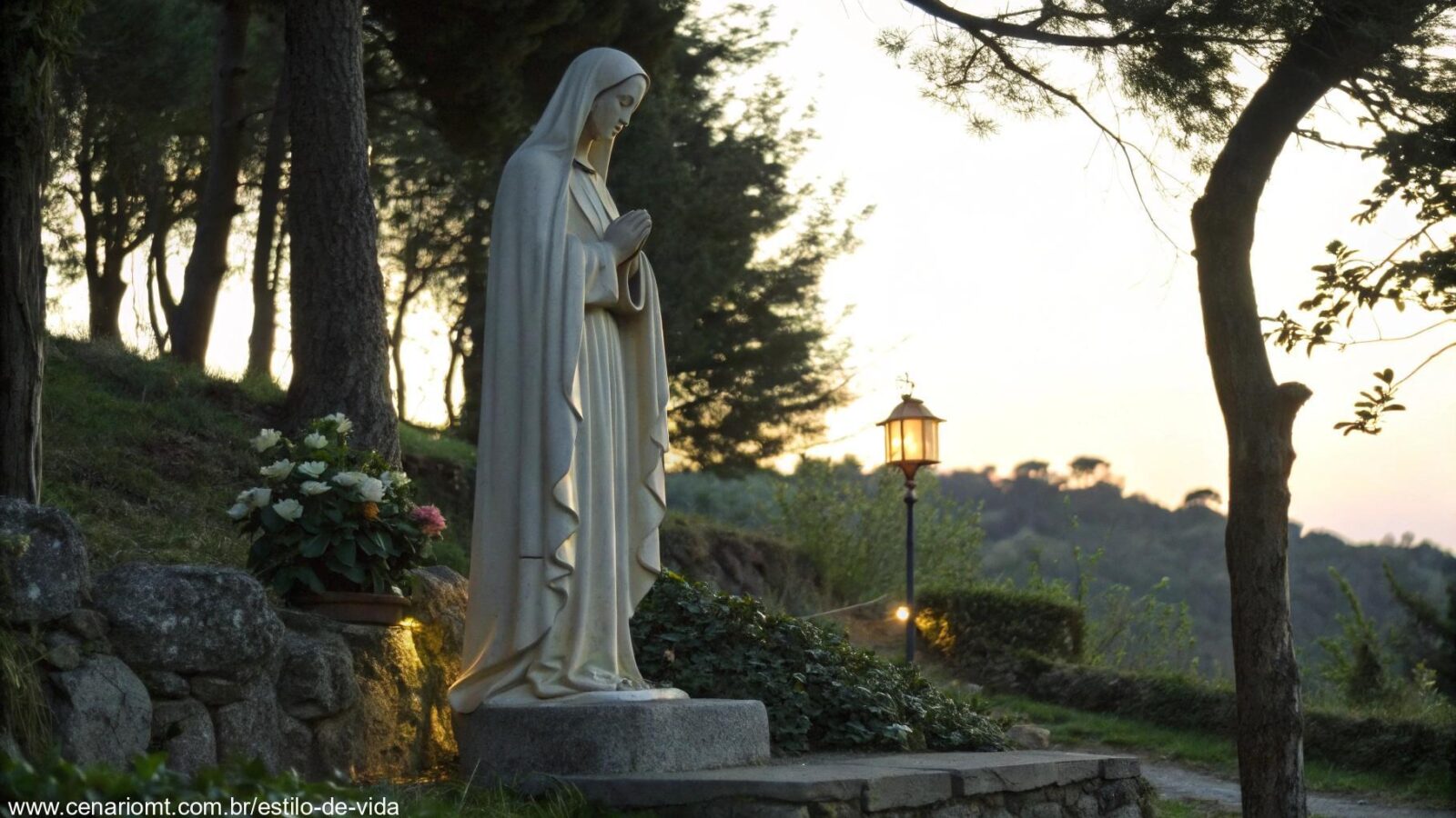 Imagem serena e pacífica de um santo com luz suave iluminando um ambiente tranquilo, representando reflexão e oração.