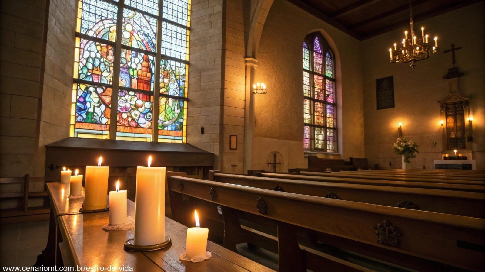 Cena de igreja tranquila com vitrais e velas, refletindo luz suave nos bancos.