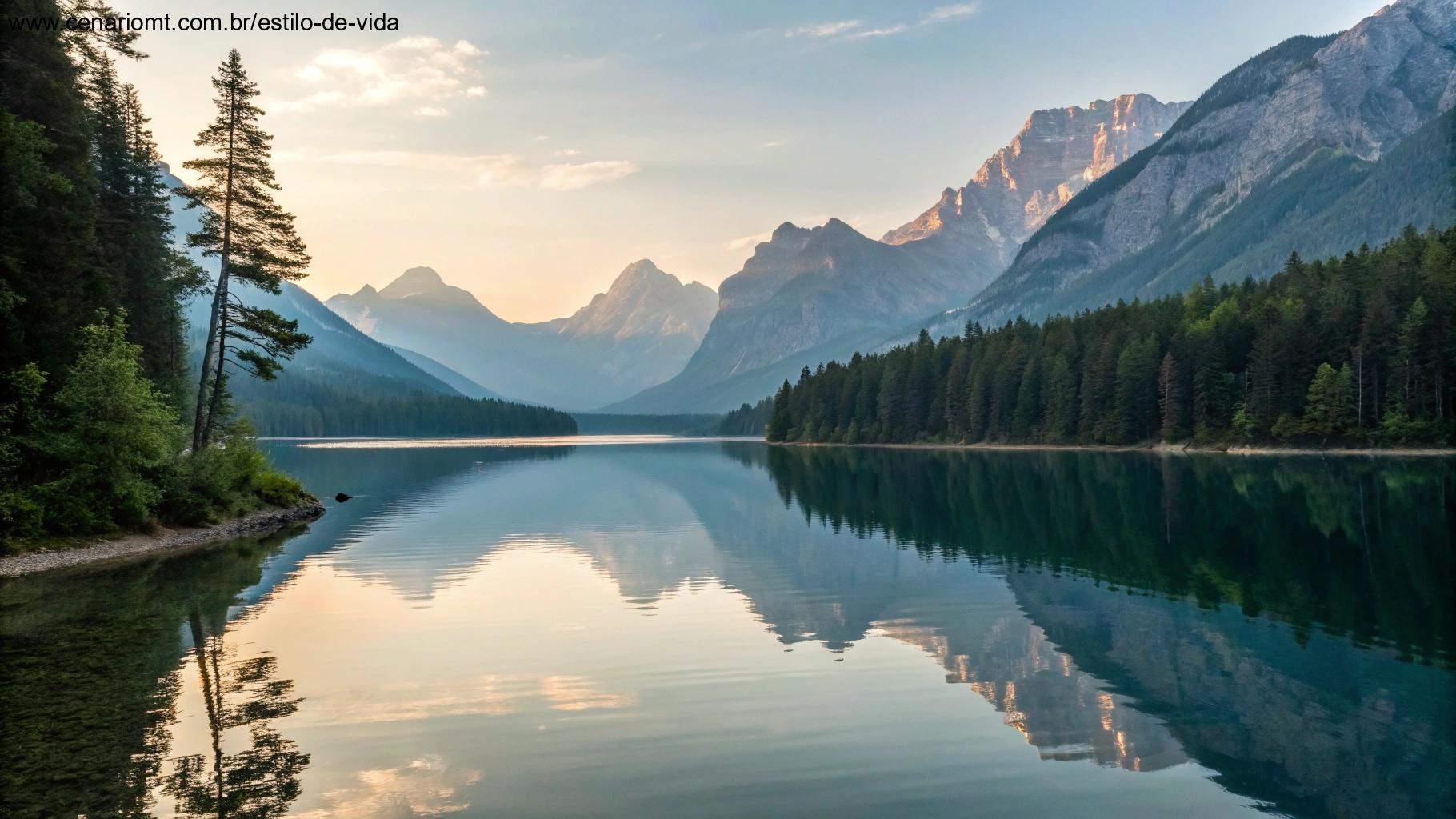 Imagem tranquila de um lago calmo com montanhas ao fundo, representando serenidade e boas vibrações para o início da semana.