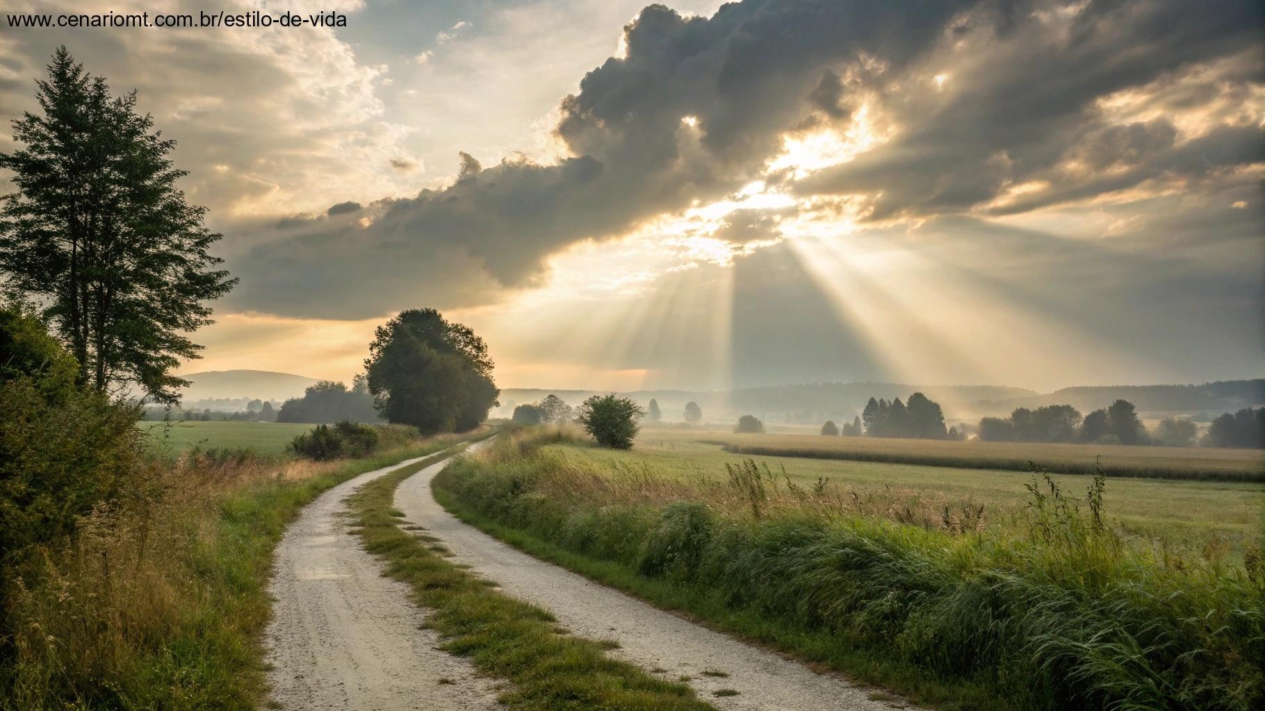 Luz celestial iluminando um caminho no campo
