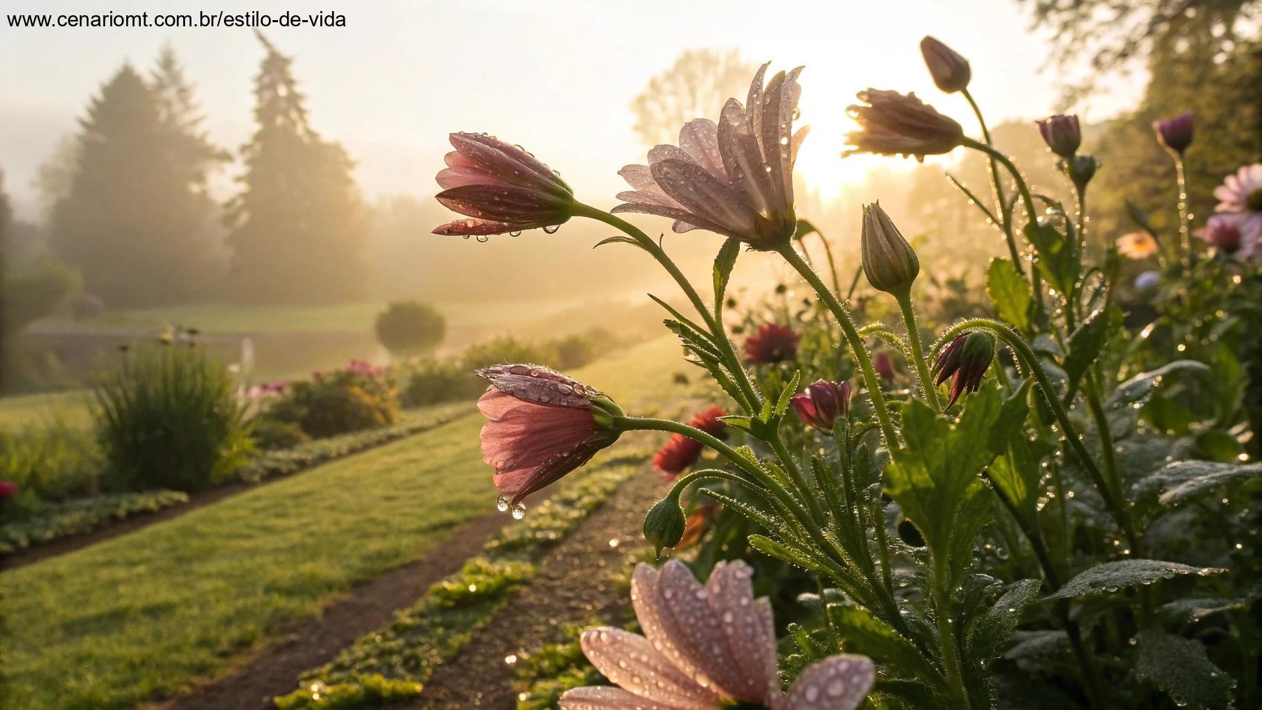 Jardim com flores desabrochando ao amanhecer trazendo uma sensação de esperança