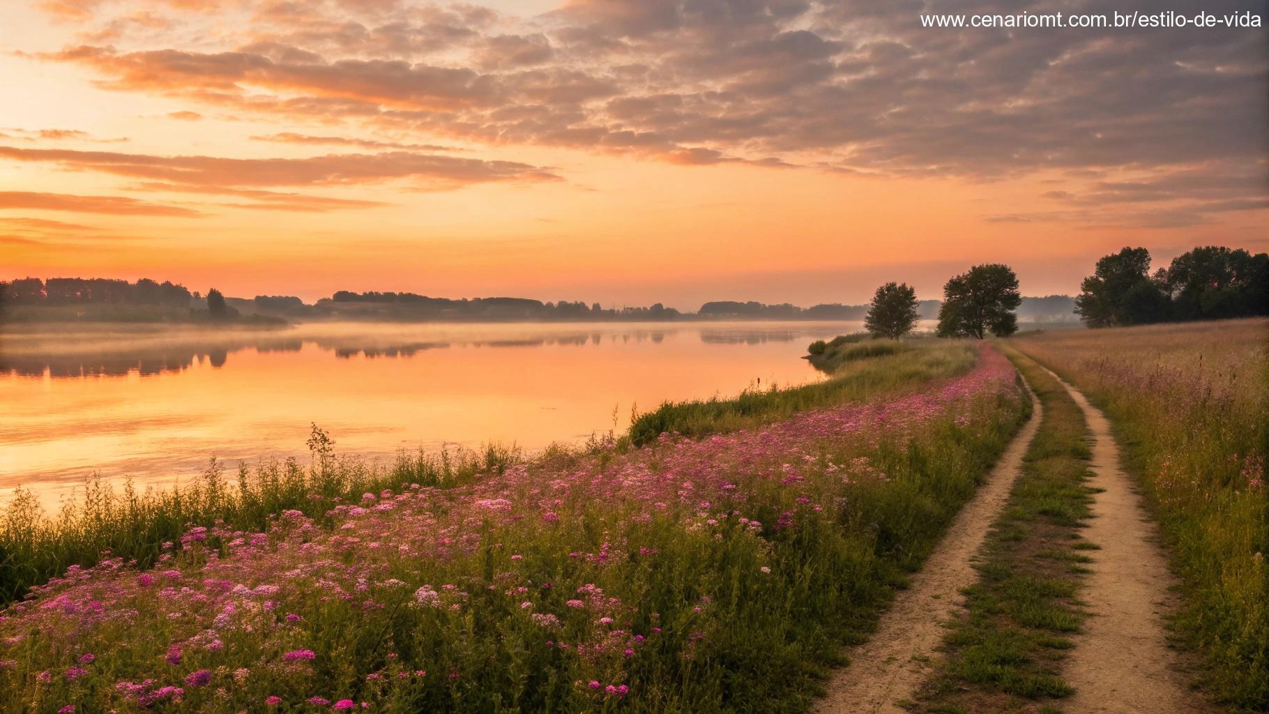 Paisagem serena com nascer do sol sobre lago tranquilo e caminho entre flores simbolizando fé, coragem e gratidão