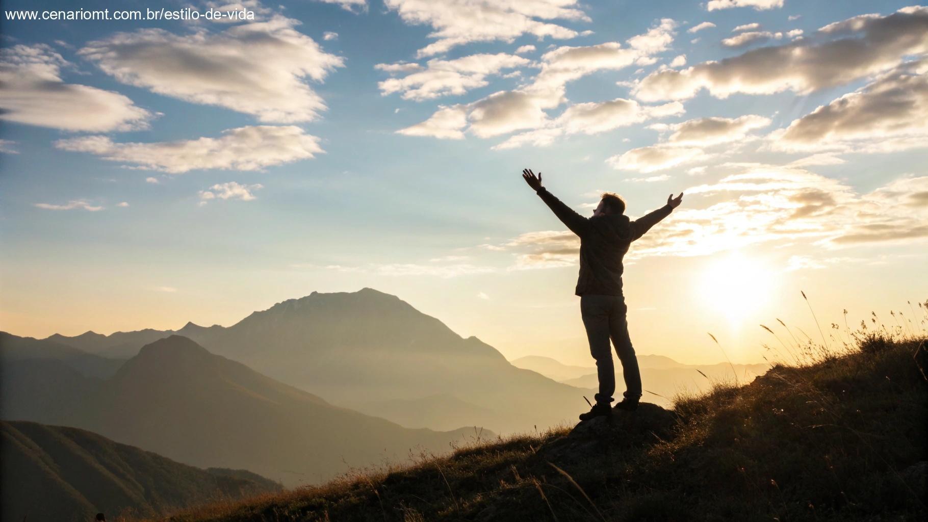 Pessoa em um monte com os braços erguidos ao nascer do sol