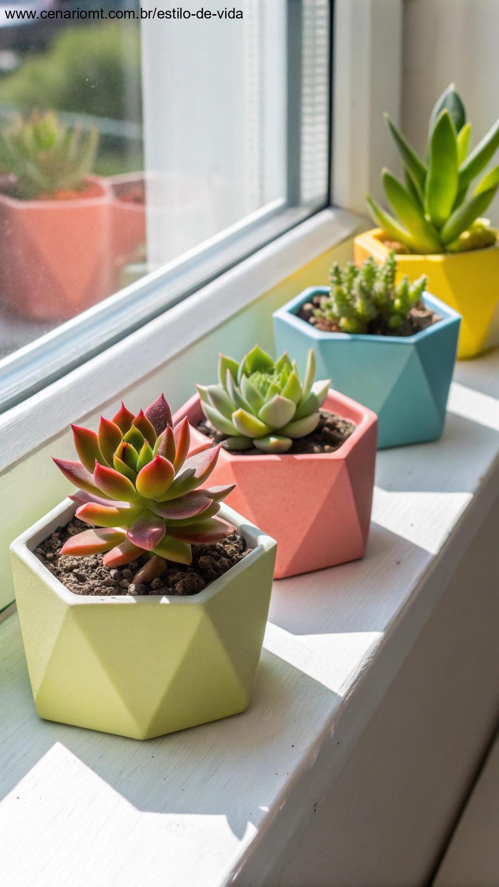 Suculentas coloridas em vasos decorativos na janela