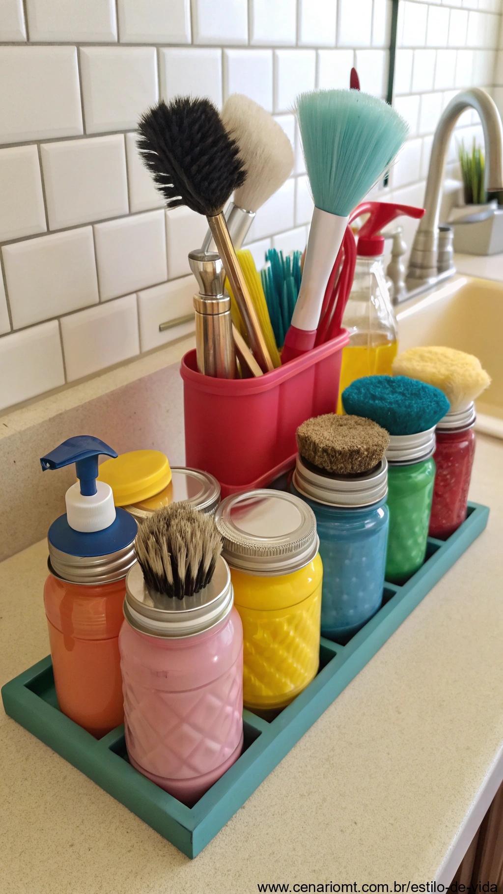 Organizador de utensílios de limpeza feito com potes reutilizados
