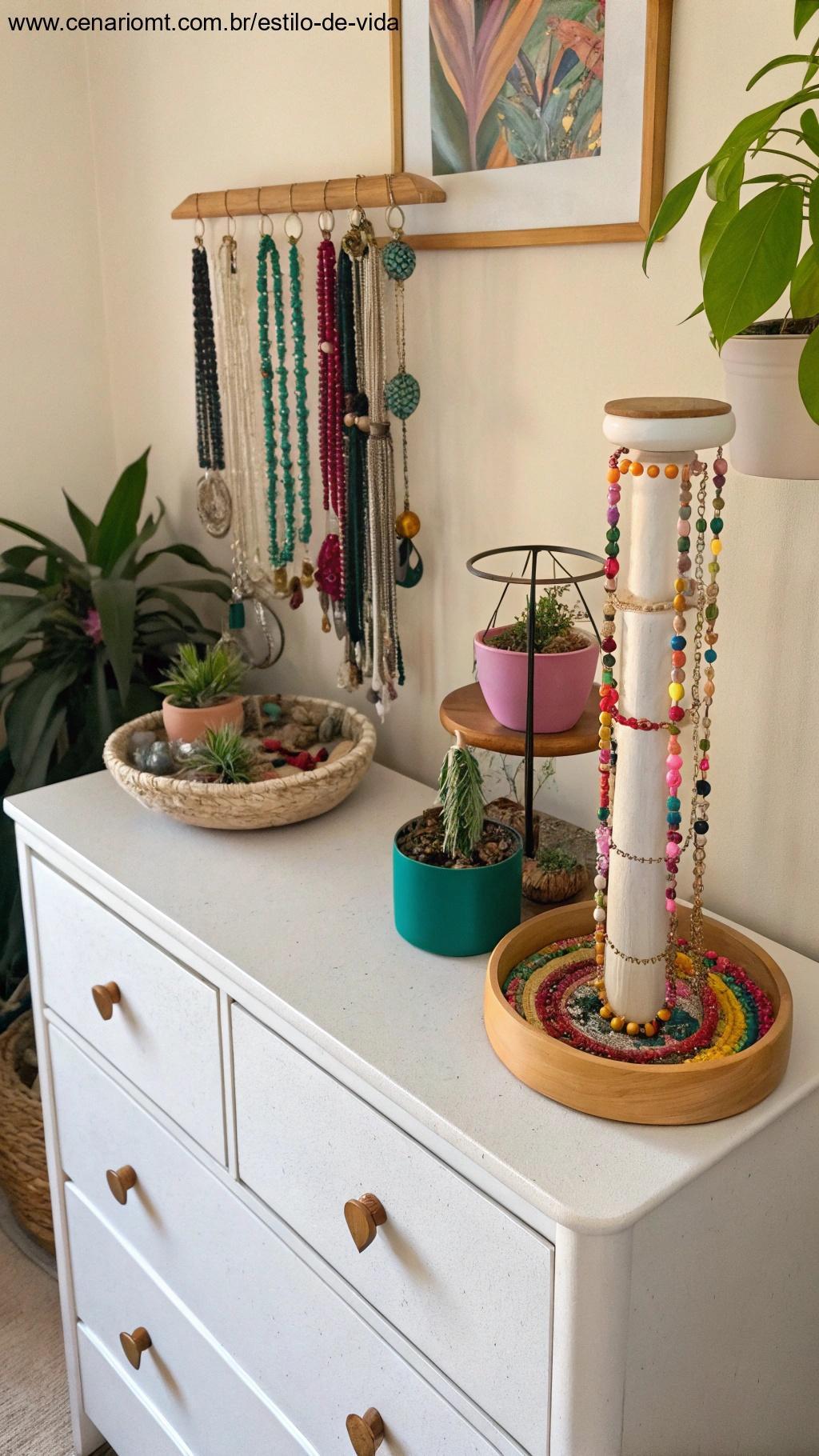 Suporte criativo para bijuterias em ambiente decorado