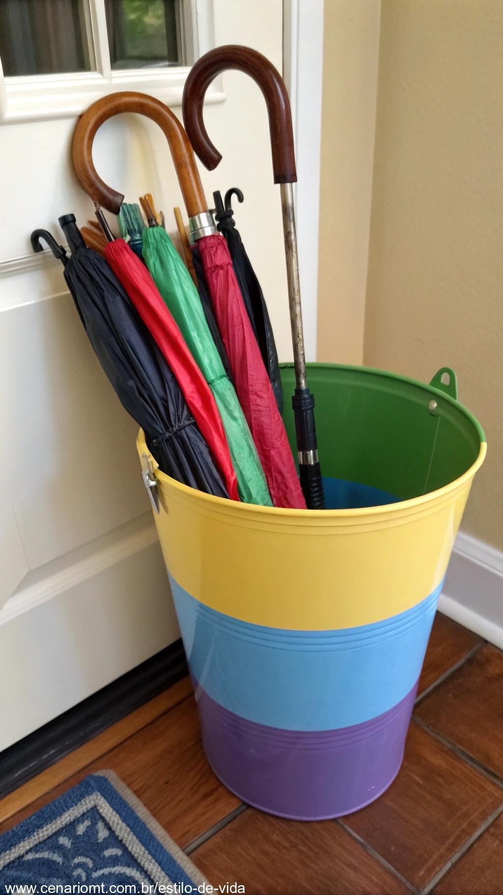 Suporte para guarda-chuvas feito com balde reciclado