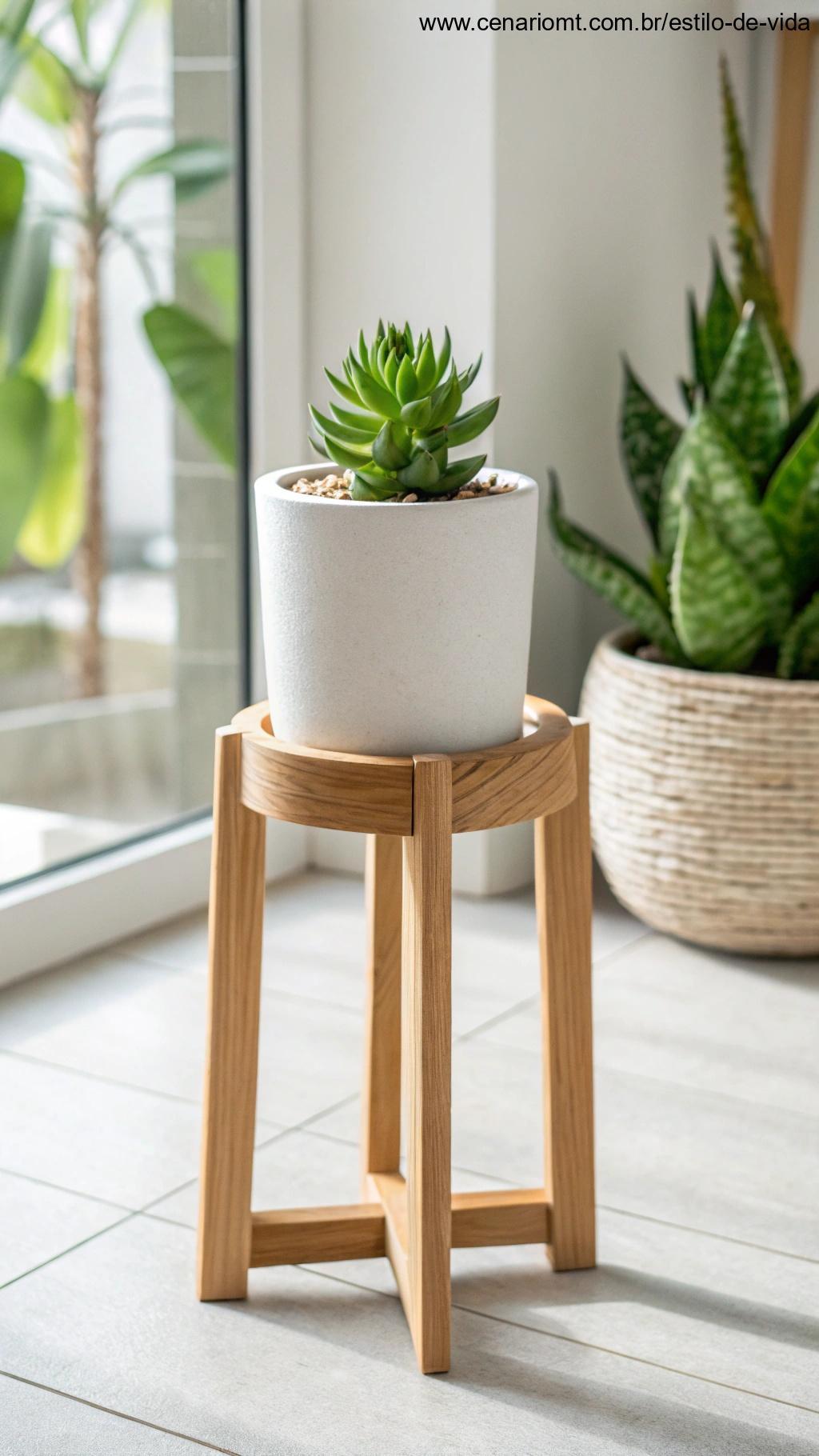 Suporte para plantas em madeira natural com um suculento