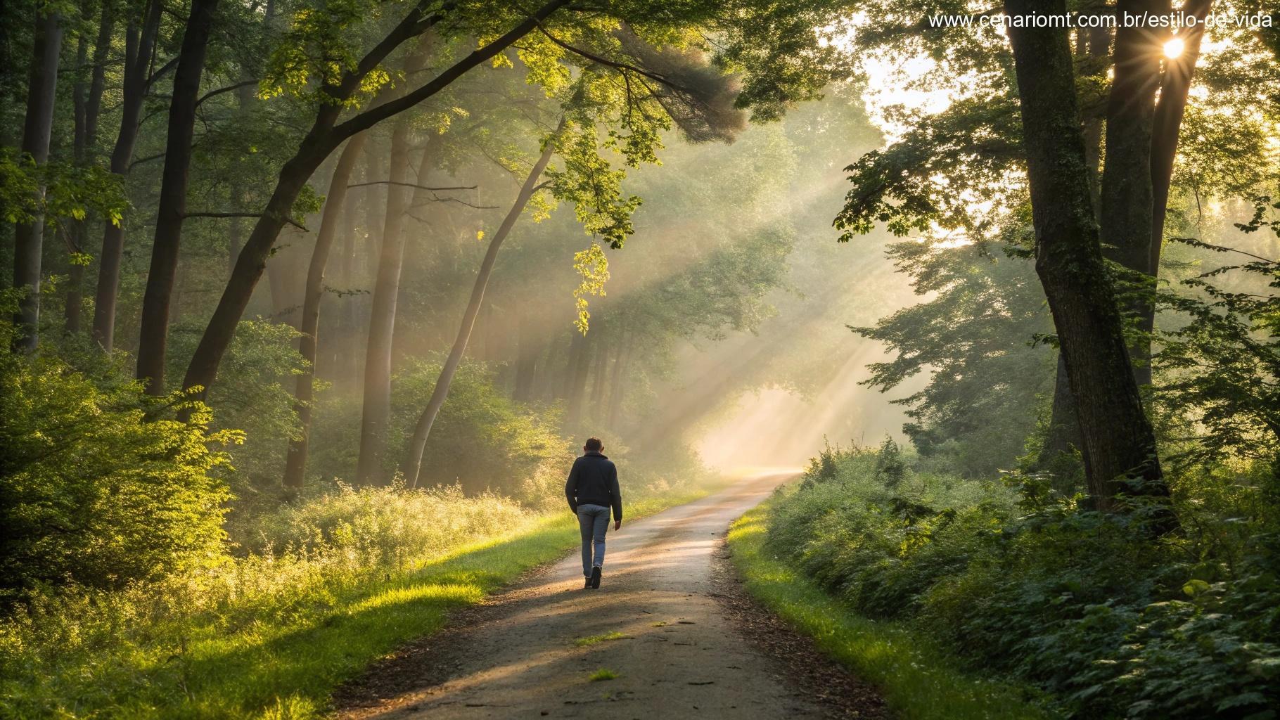 Pessoa caminhando por uma trilha com luz da manhã entre as árvores, representando fé renovada
