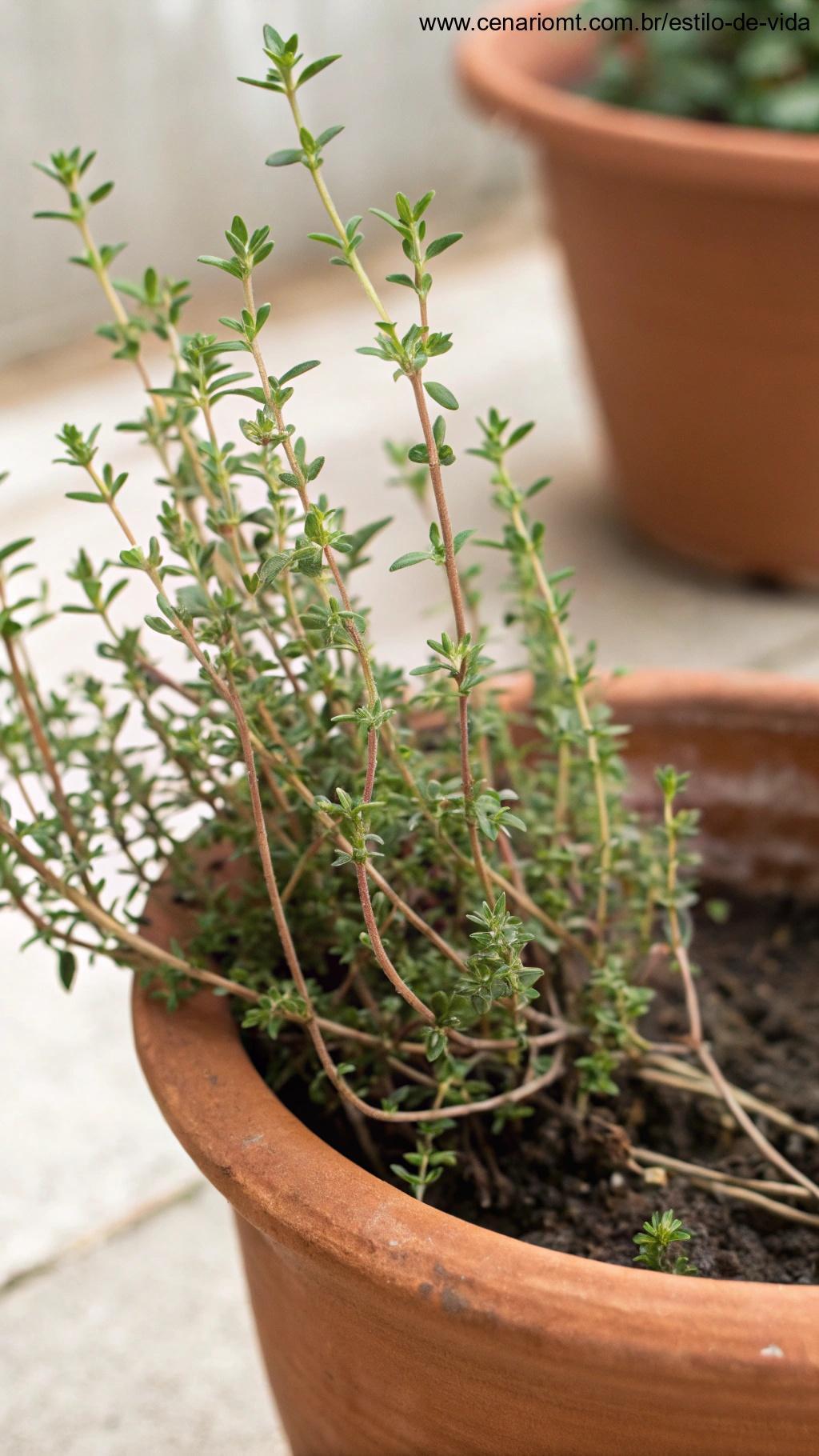 Pequena planta de tomilho crescendo em vaso de barro