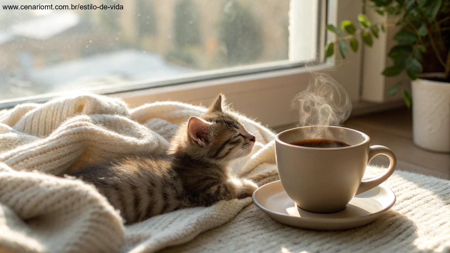Imagem fofa de gatinho e café para começar o dia com ternura
