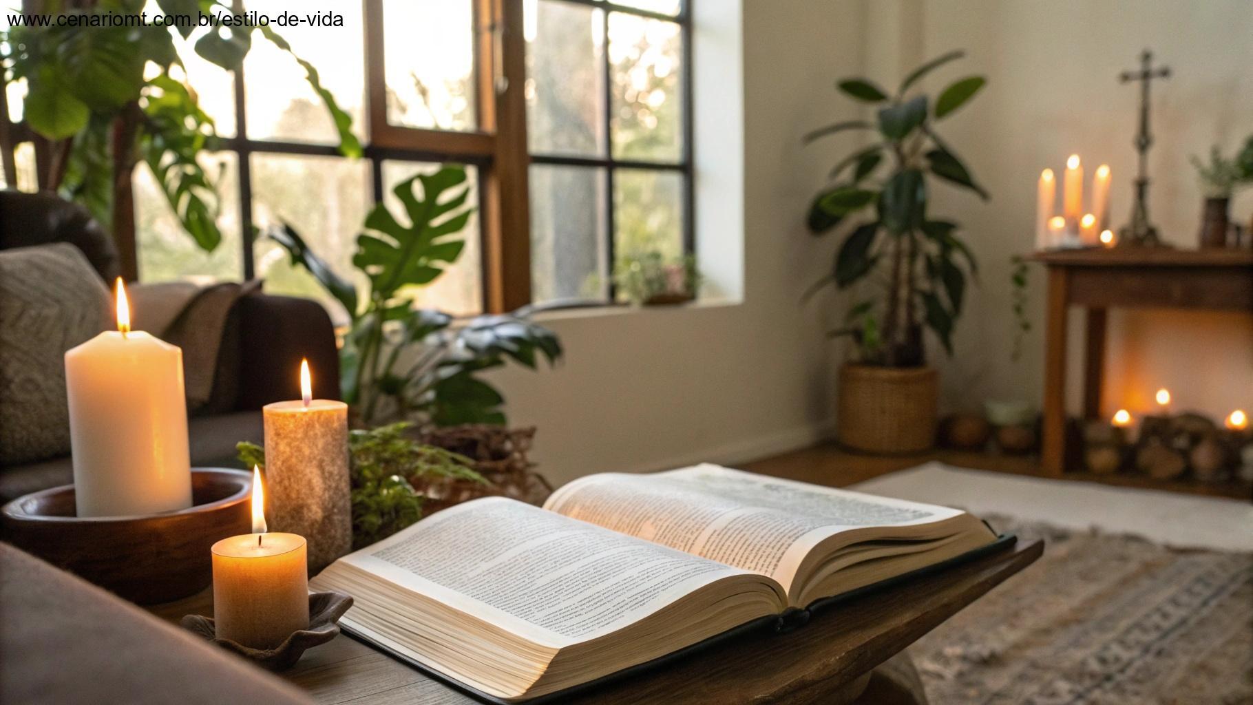 Sala de estar acolhedora com Bíblia aberta e ambiente espiritual