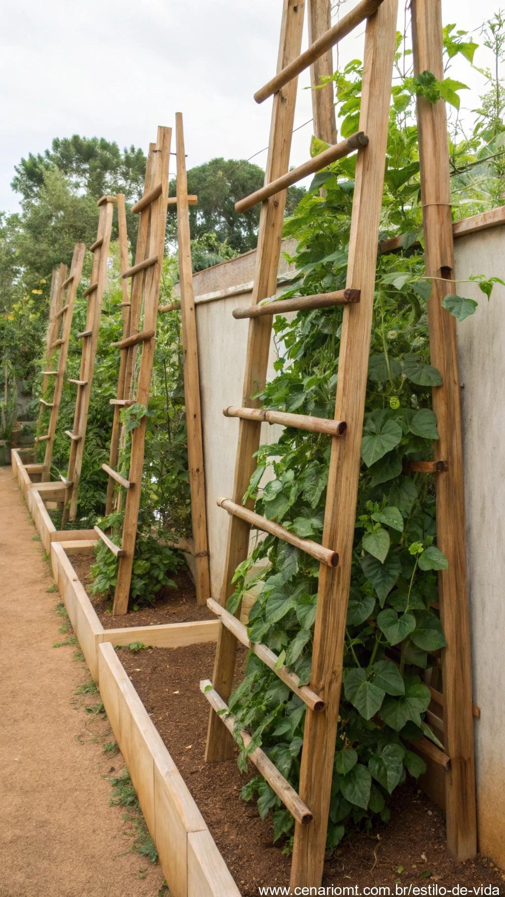 Treliças de madeira com plantas verdes decorando parede