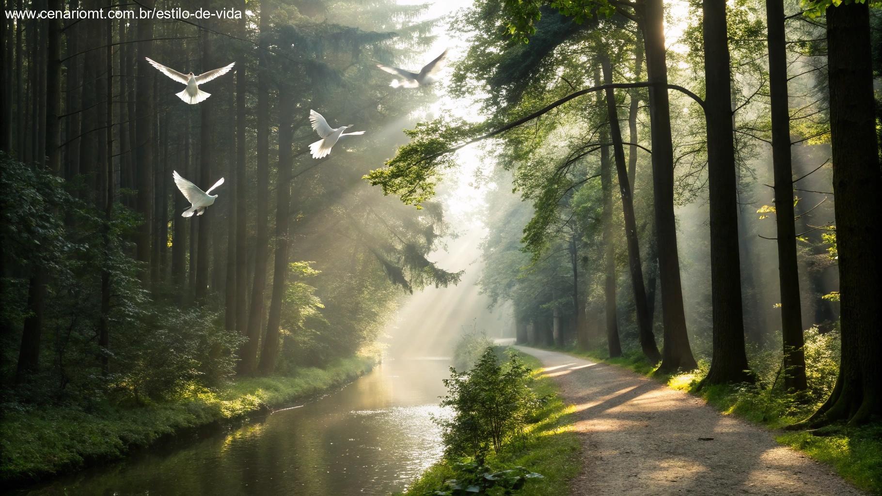 Caminho iluminado em floresta com pombas simbolizando fé e esperança