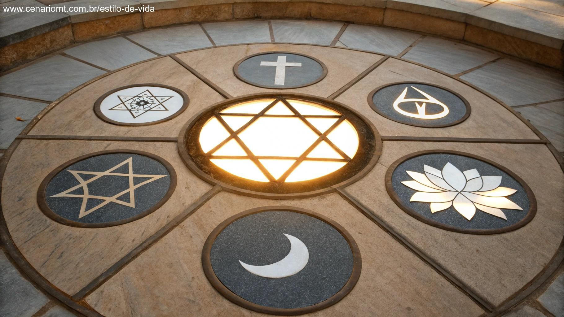 Símbolos religiosos diferentes dispostos harmonicamente ao redor de um centro luminoso