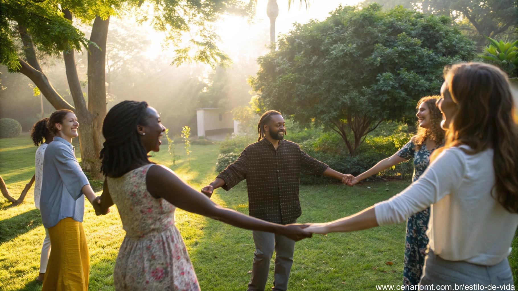 Grupo de pessoas de mãos dadas em círculo em um jardim ao amanhecer